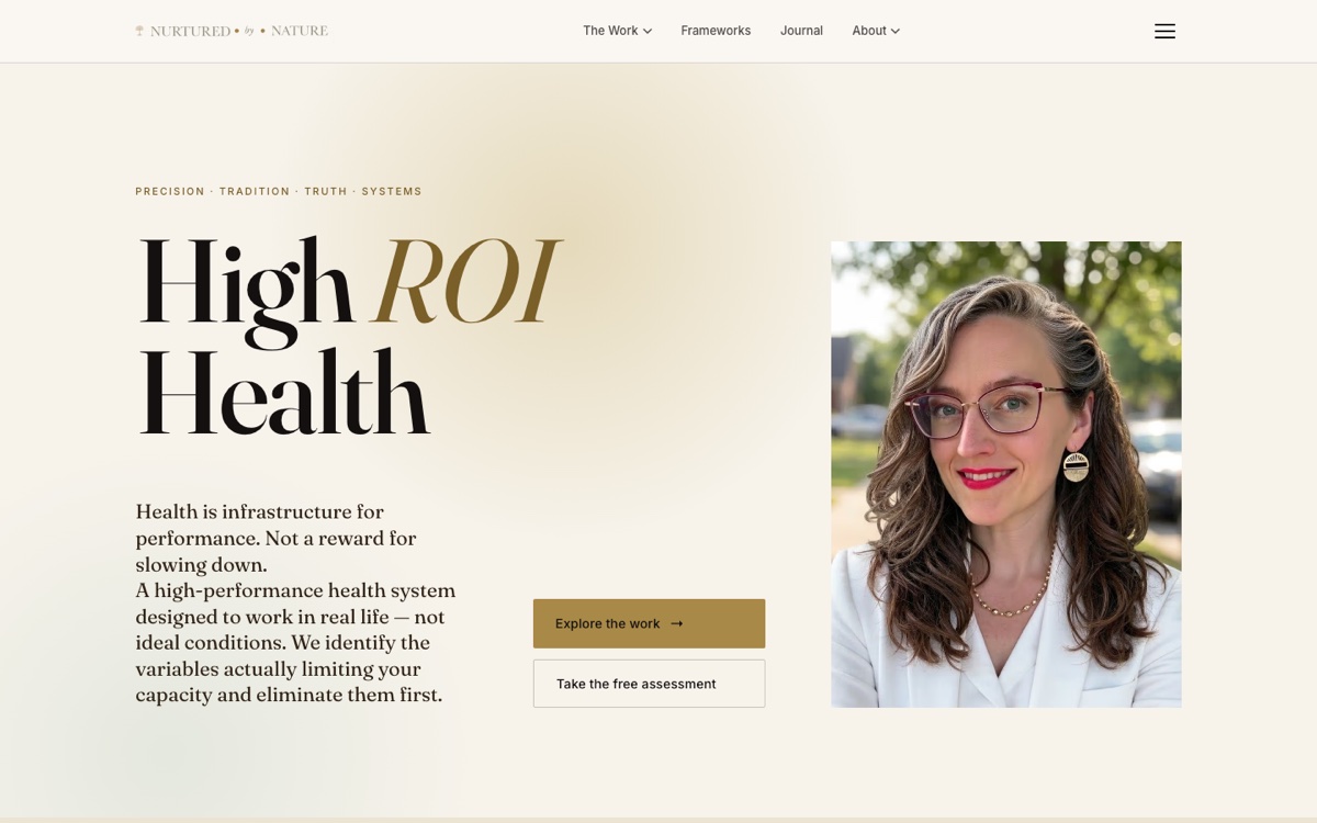 Nurtured by Nature website homepage — a health coaching site with client intake forms, newsletter signup, and digital product sales
