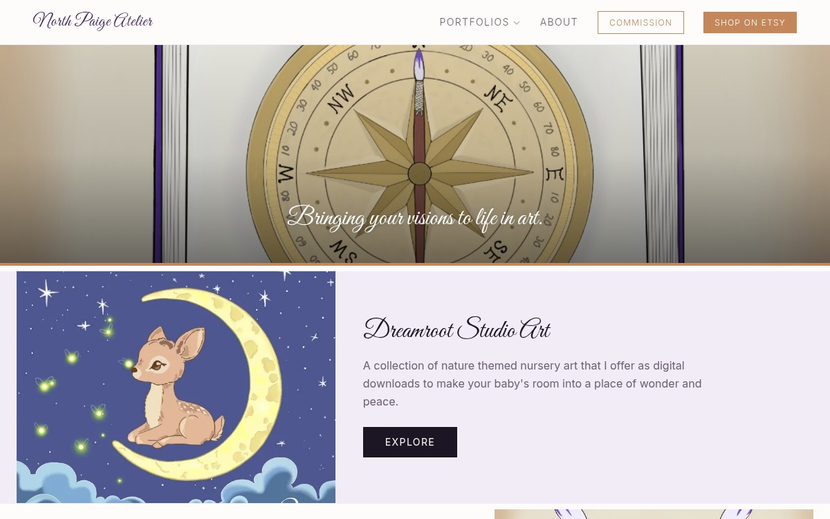 North Paige Atelier website homepage — an artist portfolio featuring a gallery carousel, commission inquiry system, and Etsy storefront integration